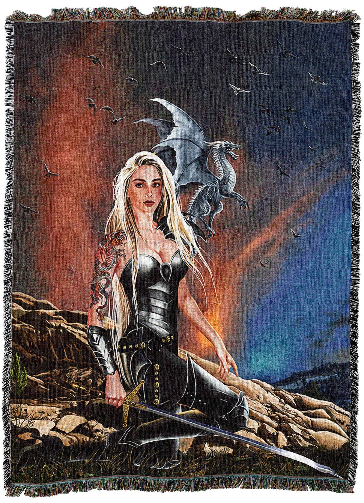 Tapestry blanket with artwork by Nene Thomas showing a warrior woman in armor with a sword, and her dragon companion on the field of battle