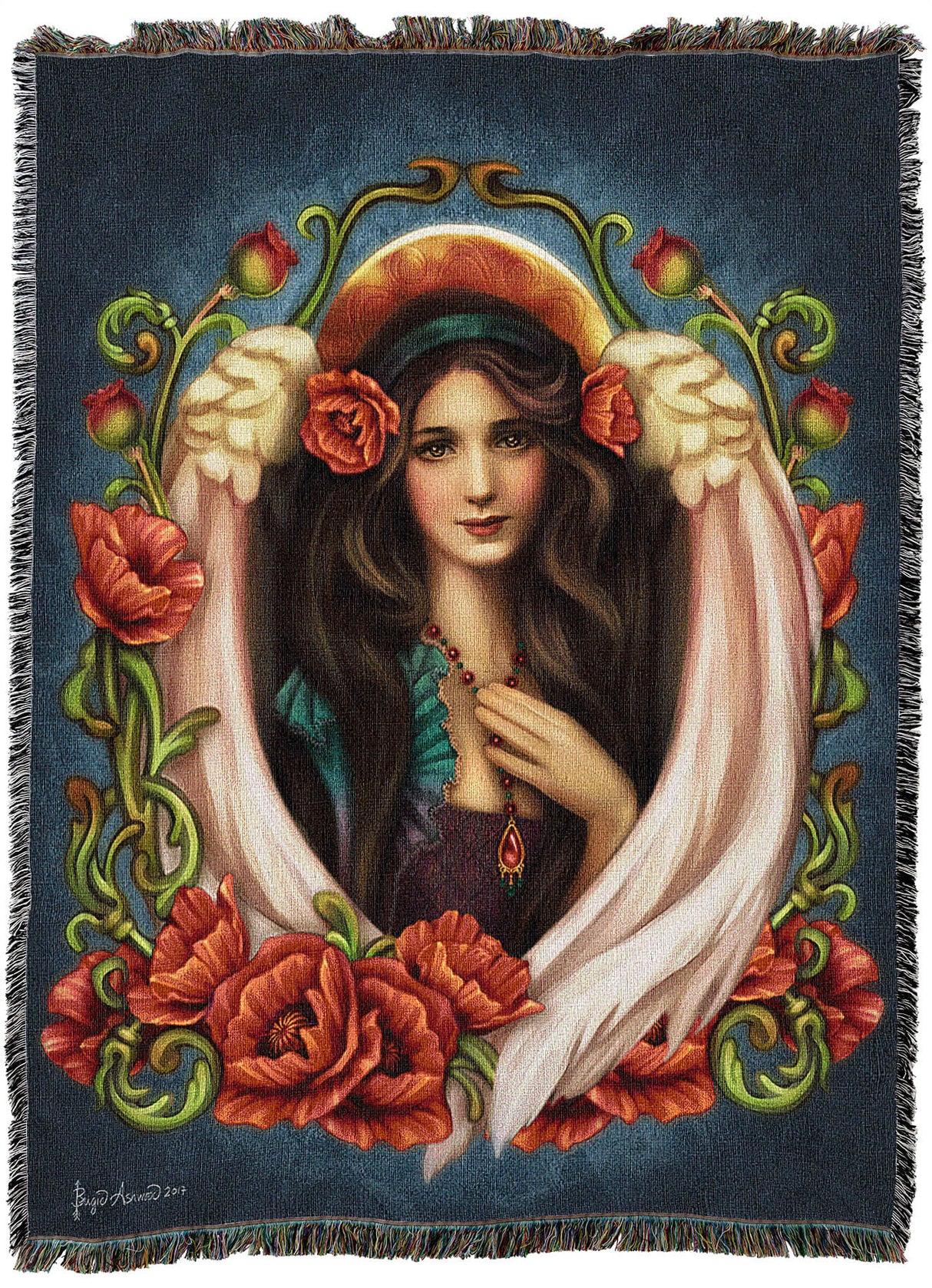 Tapestry blanket showing a white winged, brown-haired angel surrounded by red poppy flowers on a blue background. Art by Brigid Ashwood
