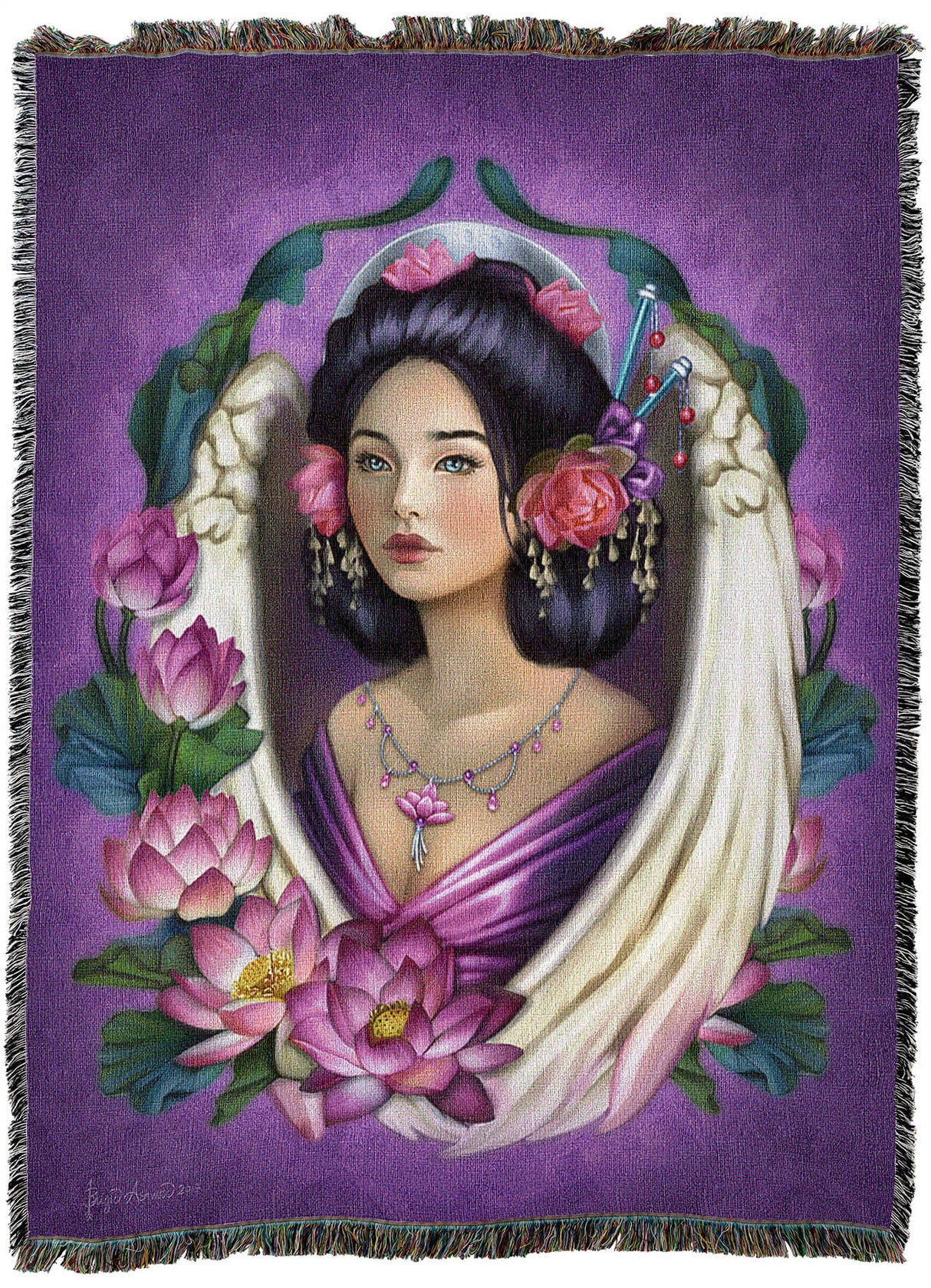 Tapestry blanket with artwork by Brigid Ashwood. An angel with black hair adorned in flowers is framed by her white wings and more lotus blossoms on a purple backdrop