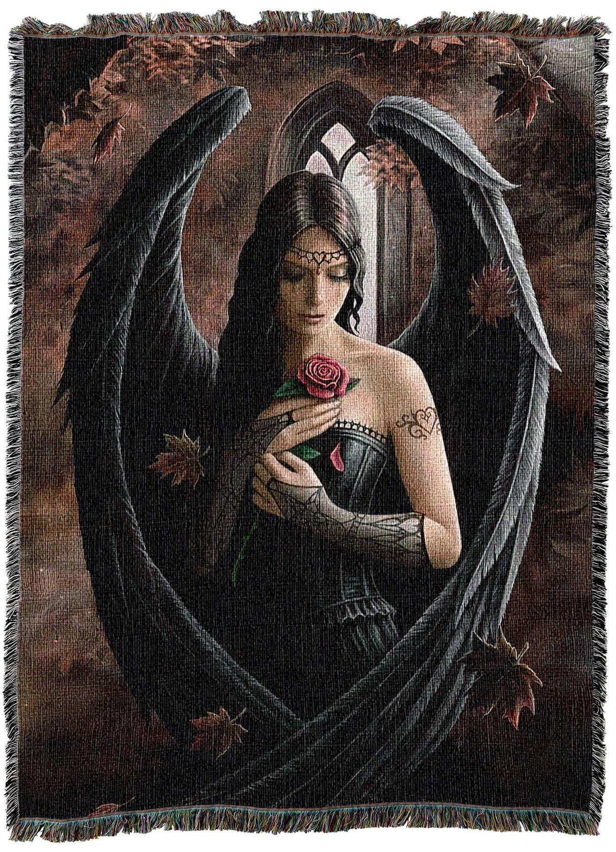 Tapestry blanket with art by Anne Stokes showing a black feather winged angel holding a red rose in the falling autumn leaves, with a Gothic window behind.