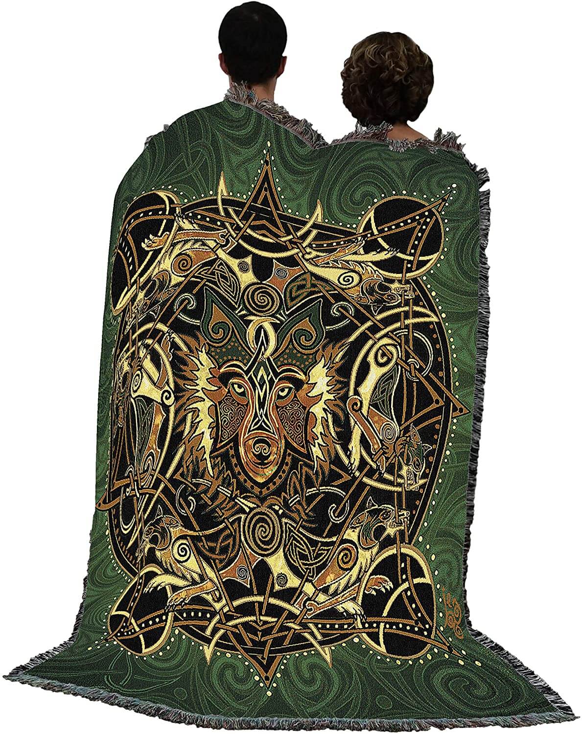 Celtic knot wolf tapestry blanket shown draped over two adults for size comparison