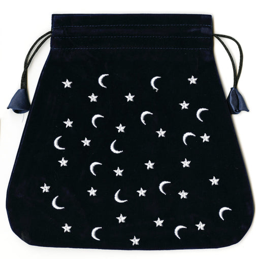 Black velvet drrawstring bag with embroidered silver-white moons and stars