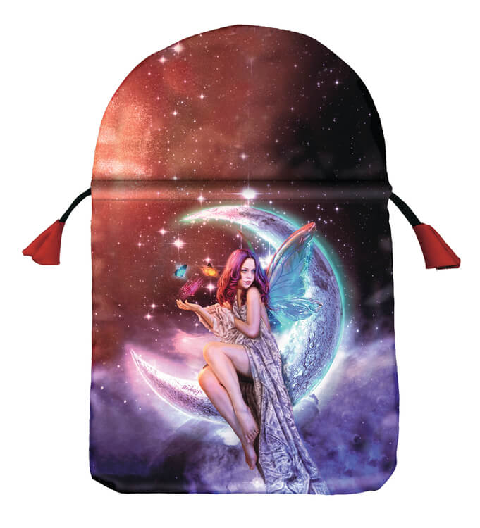 This bag features a stunning pixie perched upon the crescent moon. The fairy has a draping dress and blue shining wings, and elemental butterflies hover above her hand.
