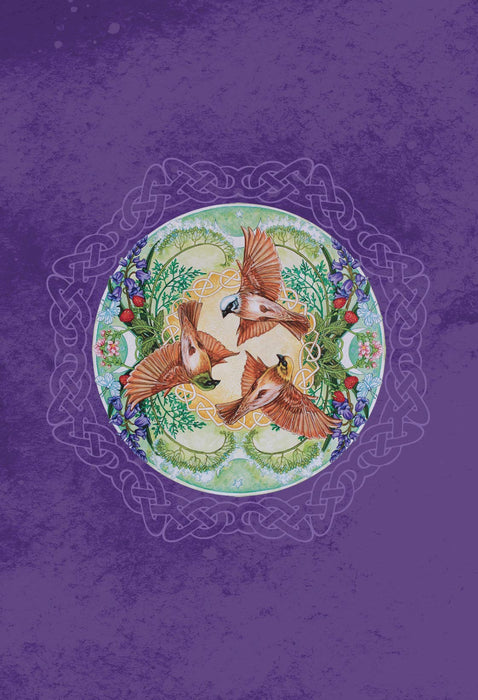 Card back design - purple background. Circle at the center surrounded by Celtic knotwork. In the middle are three birds and flowers