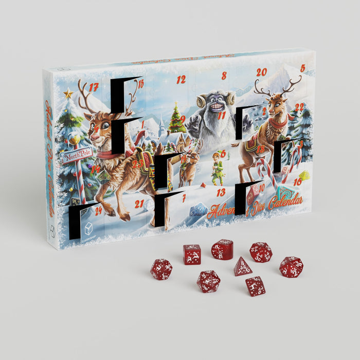 Q Workshop Advent Dice Calendar with festive winter reindeer scene, showing open boxes and Christmas themed dice