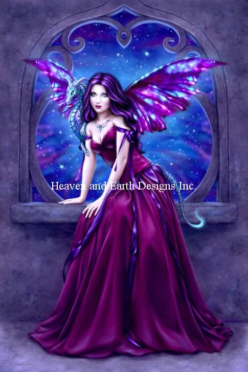 This lovely artwork by Rachel Anderson shows off a pixie in purple! The fairy has a rich deep grape colored dress, and violet and blue wings to match. She perches in front of a gothic archway looking out into the heavens.