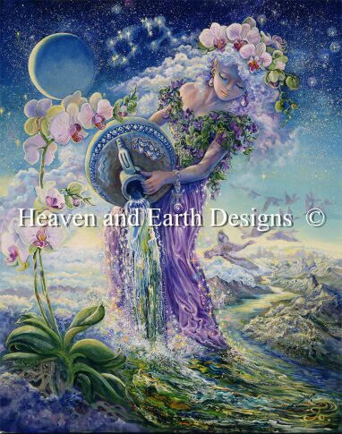 Aquarius pours water down onto the lands, bringing life and vibrancy. Orchids bloom and a flock of geese pass above the mountains as the beautiful woman shares her bounty with the world! Art by Josephine Wall