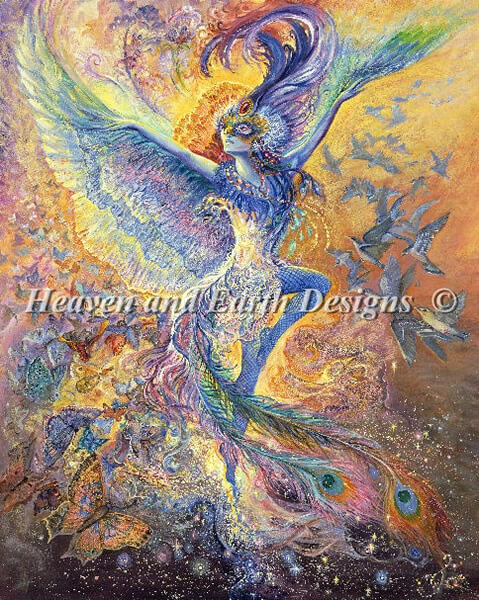 Josephine Wall's artwork. A bluebird fairy comes to life, wings spread and tail feathers fluttering. The work is a riot of color and movement, with birds and butterflies surrounding the pixie.
