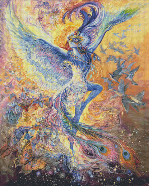 Cross stitch mockup of Josephine Wall's artwork. A bluebird fairy comes to life, wings spread and tail feathers fluttering. The work is a riot of color and movement, with birds and butterflies surrounding the pixie.
