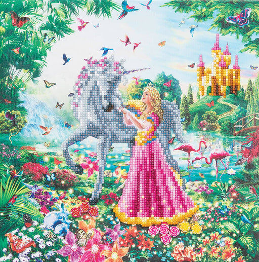 Princess and Unicorn crystal painting scene finished, surrounded by butterflies and flowers