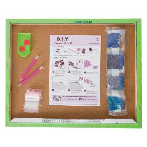 Back of the framed crystal art kit, showing the instructions and materials