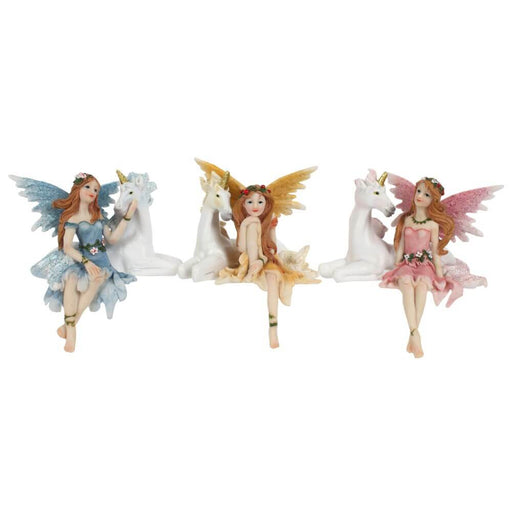 3 pairs of friends, each with a fairy and unicorn. One in blue, one yellow, and one pink, accented in flowers, and the unicorns have gold horns