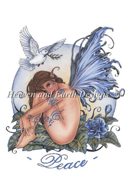 The pixie sits upon a bed of leaves with a blue flowers. She has matching indigo wings and tribal tattoos, and a dove of peace offers an olive branch above. Art by Marjolein Gulinski