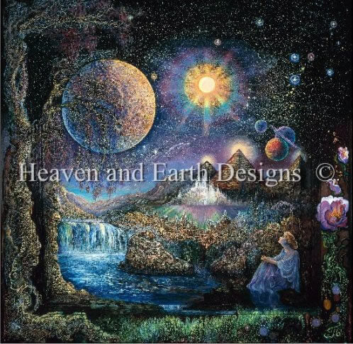 A woman sits, gazing up at the fantastic sky. The moon hangs low and full, and planets and suns hover in the heavens. Waterfalls rumble their way to streams, and a glowing castle sits at the base of the pyramids. Art by Josephine Wall