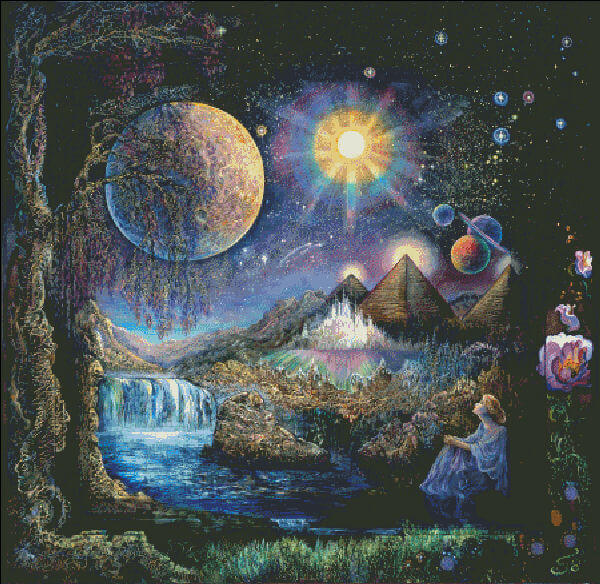 A woman sits, gazing up at the fantastic sky. The moon hangs low and full, and planets and suns hover in the heavens. Waterfalls rumble their way to streams, and a glowing castle sits at the base of the pyramids. Crossstitch mockup of Josephine Wall's art