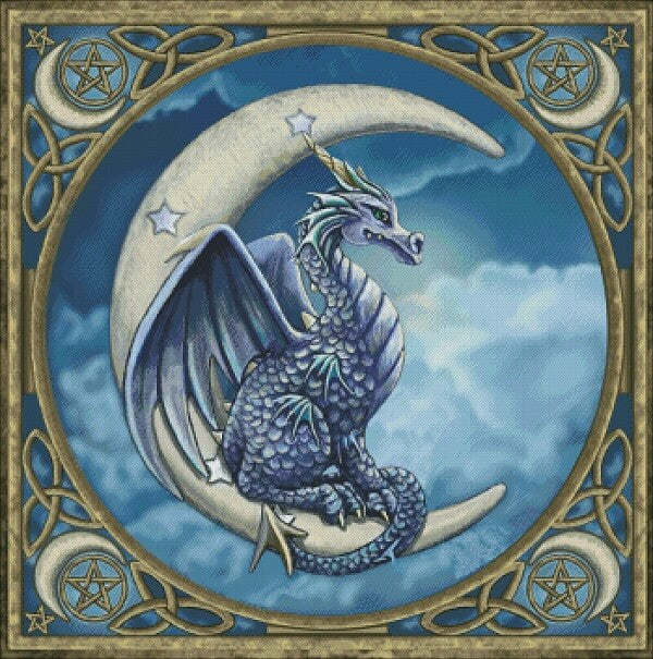 artist Lisa Parker. The dragon has blue scales and wings, and perches upon a crescent moon adorned with stars. Around the mythical beast is a celestial themed border of Celtic knotwork with more moons. Cross stitch mockup