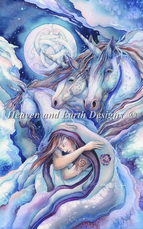 The image features a trio of gorgeous unicorns in front of a full moon, decorated with a horseshoe Celtic knot pattern. In the foreground, the dreamer slumbers on, wrapped in clouds.
