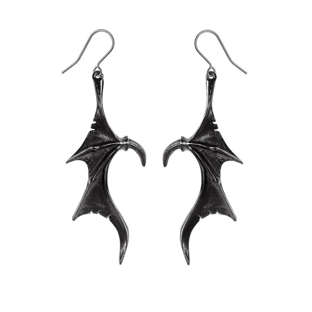 A pair of earrings with dangling black metal dragon wings