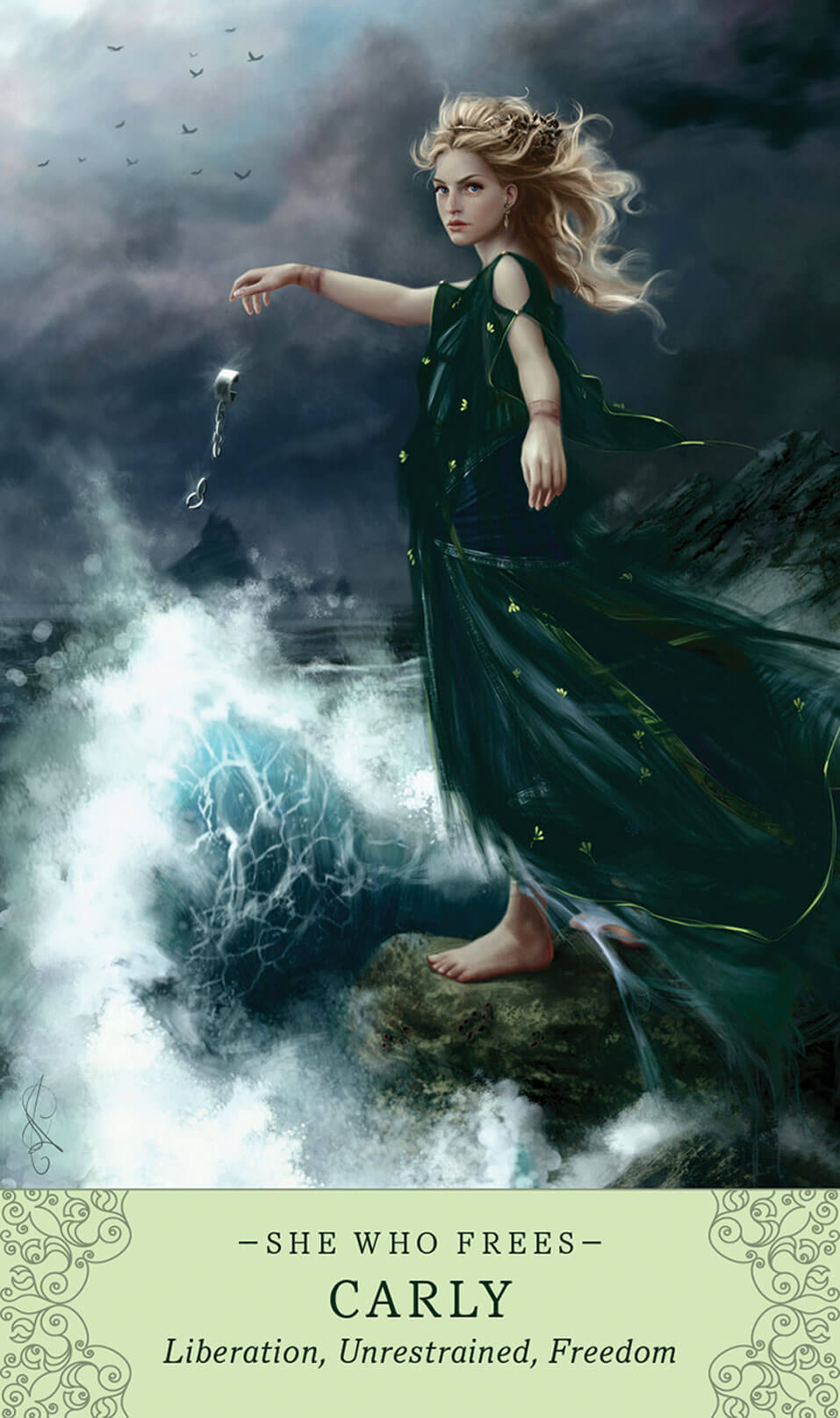 Card example: "She Who Frees - Carly - Liberation, Unrestrained, Freedom" showing a woman casting off manacles into the sea