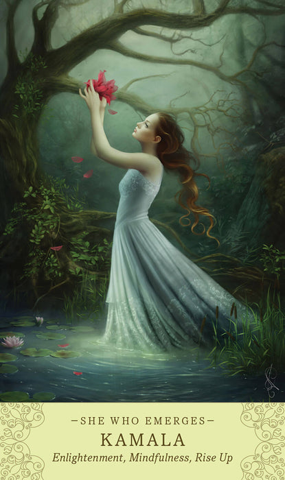 Card example "She Who Emerges - Kamala - Enlightenment, Mindfulness, Rise Up" - showing a woman in a gown in a pond reaching for a bright red flower