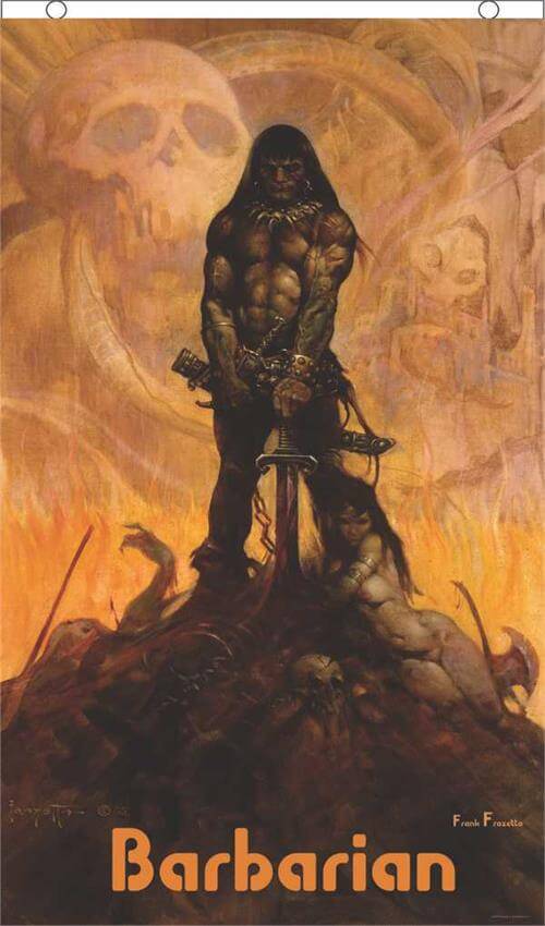 Barbarian flag by Frank Frazetta featuring a warrior and his mistress standing on the vanguished foes 