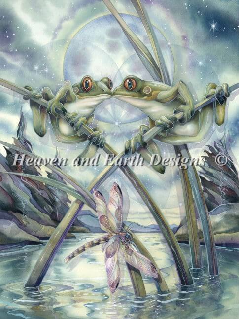 The image is of two frogs hanging out on stems above a pond, sharing a little froggy kiss. Below, a dragonfly soars above the water. By Jody Bergsma