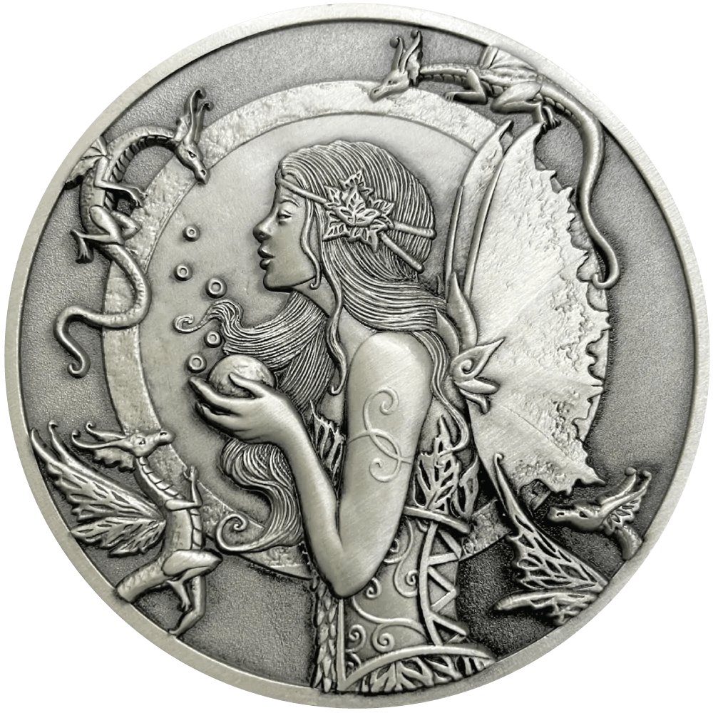 Dragon Spell Goliath Coin featuring Amy Brown art with a fairy surrounded by dragons in antique silver color