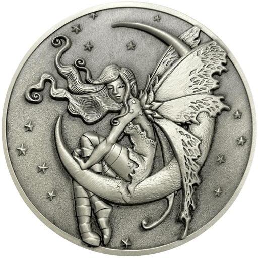 Goliath coin in silver finish with fairy on a moon, art by Amy Brown
