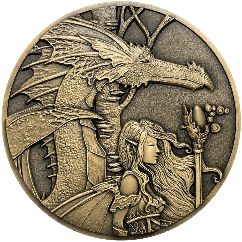 Amy Brown The Journey Goliath Coin with dragon and fairy in a forest, in antique gold colr