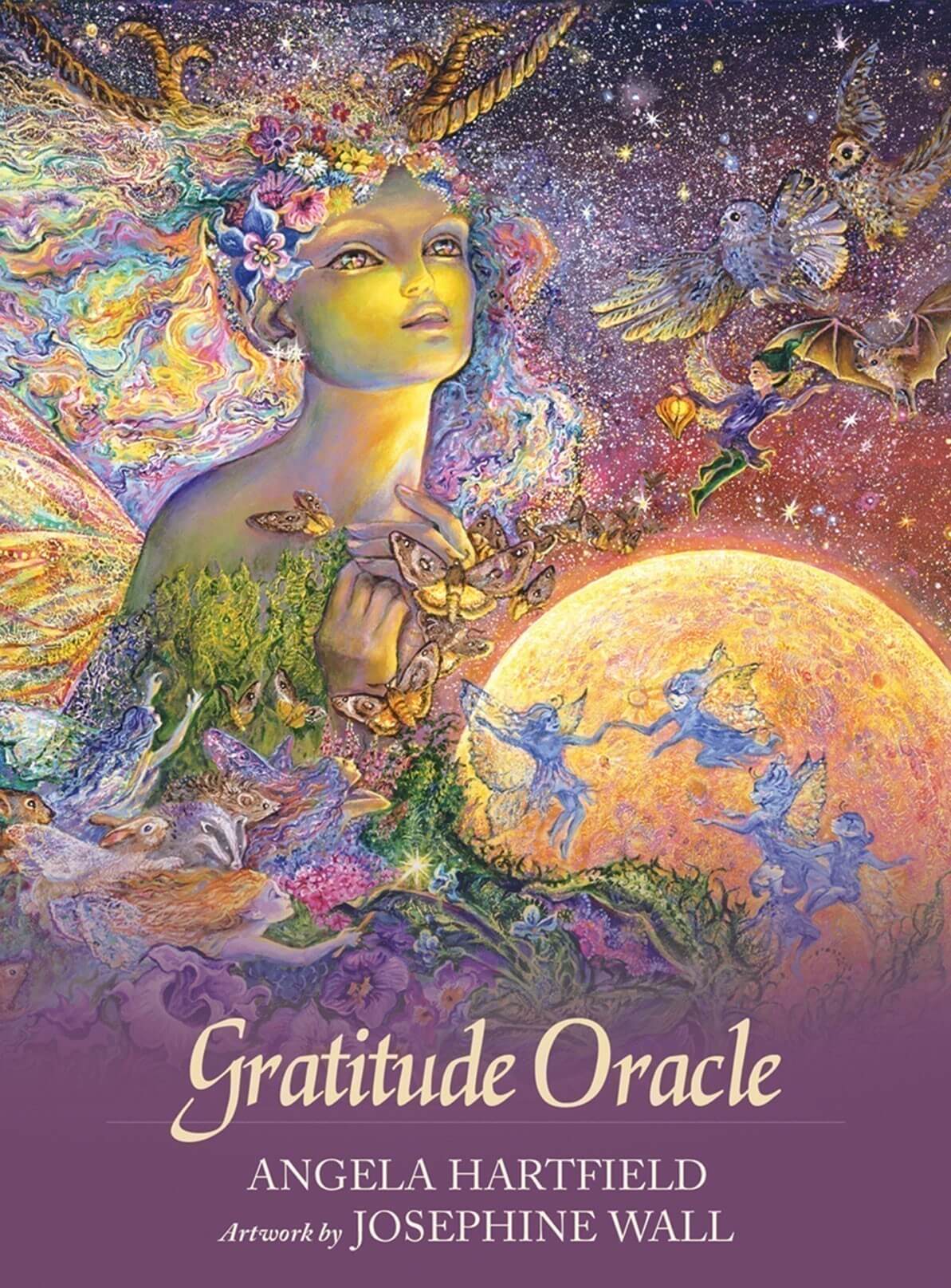 Gratitude Oracle by Angela Hartfield, Artwork by Josephine wall. Box art showing a rainbow goddess with fairies and butterflies