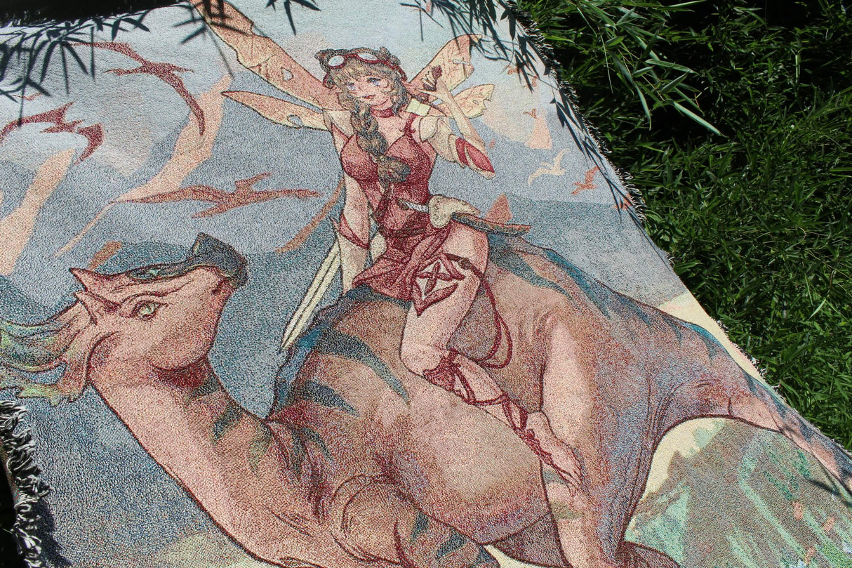 Fairy and dragon closeup of woven tapestry, as seen in sunlight