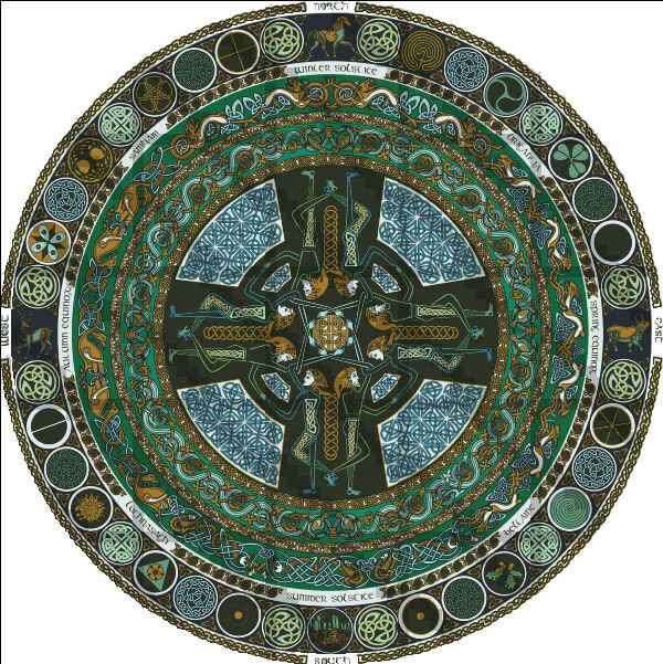 A Celtic cross sits at the center, with people inside, and a variety of intricate details and knotwork woven all throughout. Art by Jen Delyth, Cross Stitch mockup