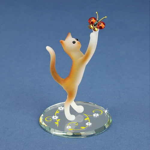 Glass Tabby Cat with Butterfly Figurine