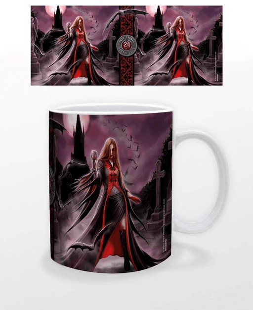 "Blood Moon" artwork by Anne Stokes on a coffee mug, showing a vampire lady in red and black attended to by a swarm of bats. She stands in a graveyard under a full moon, with a silhouetted castle in the background