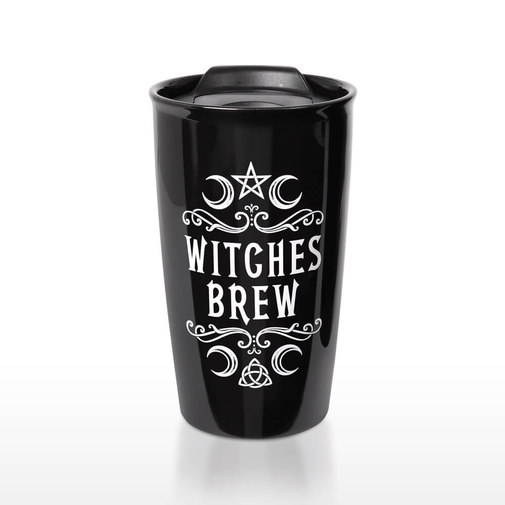 Witches Brew black travel mug with white text and moon designs