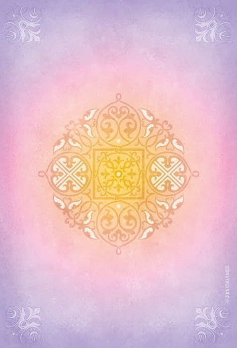 Card back artwork, gradient of pink, purple and yellow with swirling filigree designs