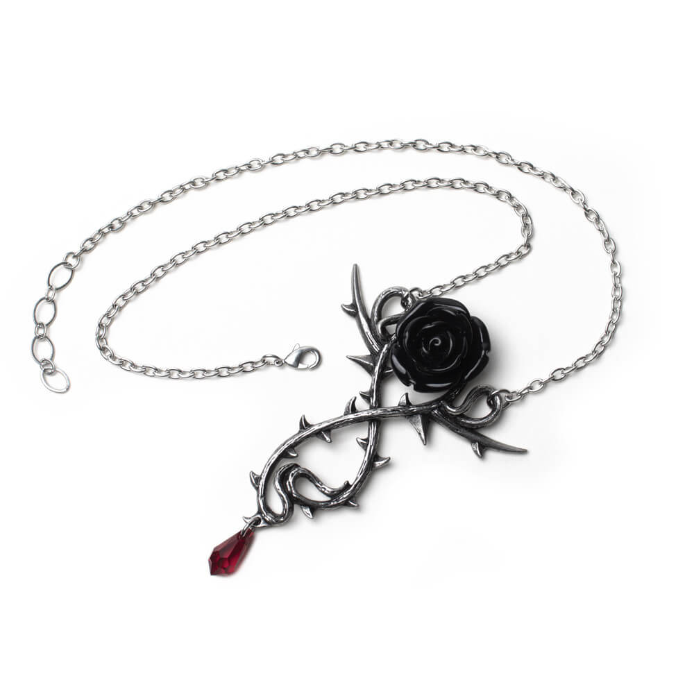 Necklace with black pewter rose, thorn vines, and red crystal drop on a trace chain