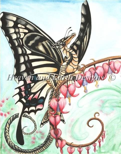 Swallowtail butterfly dragon on bleeding hearts plant by Carla Morrow