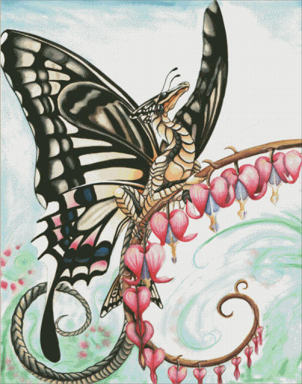 Cross stitch mock up of Swallowtail butterfly dragon on bleeding hearts plant by Carla Morrow