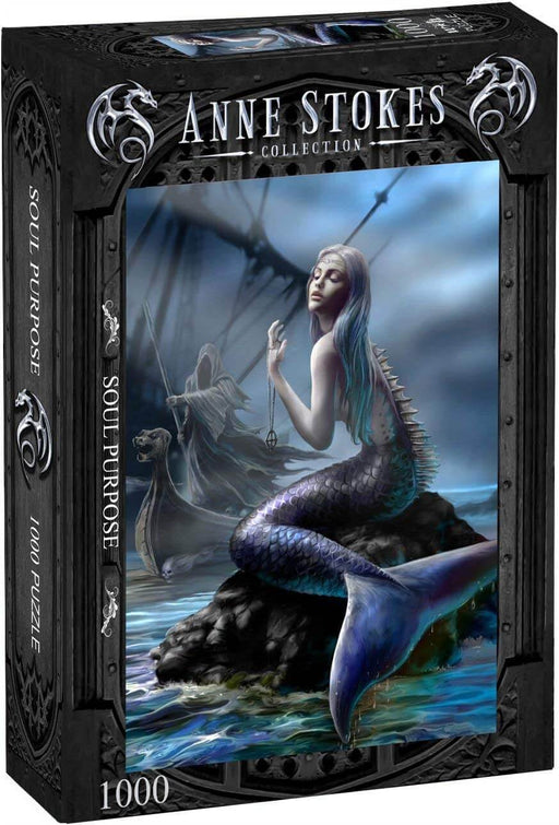 Anne Stokes jigsaw puzzle with 1000 pieces, Soul Purpose - a mermaid sits on a rock with the Grim Reaper in a rowboat beyond, and a shipwreck looming in the background
