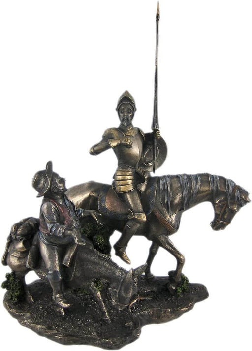 Don Quixote riding with Sancho Panza statue in bronze polystone
