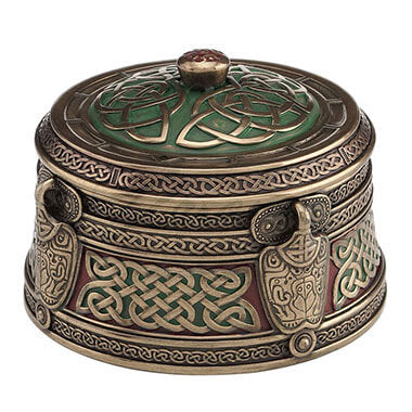 Celtic knotwork trinket box with green and red coloration and bronze knot designs