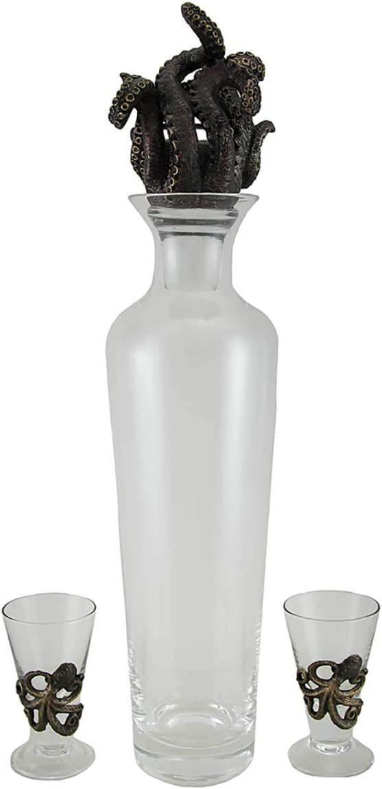 Glass decanter and shot glasses with Octopus tentacle accents