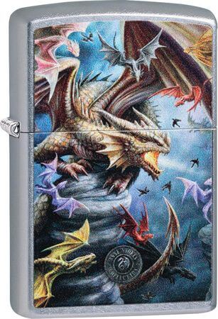 The design on this Zippo lighter is the artwork of Anne Stokes, and features a large bronze dragon surrounded by a colorful clan of smaller beasts.