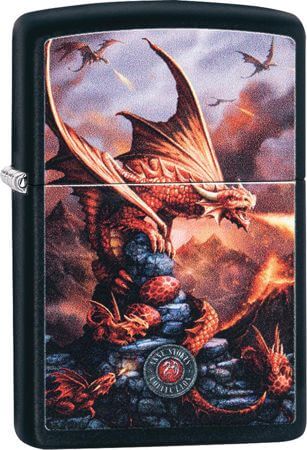 For this Zippo lighter, a red dragon perches atop a rocky crag. Below, hatchlings and eggs can be seen. The mother dragon lets forth a burst of flame, protecting her young.