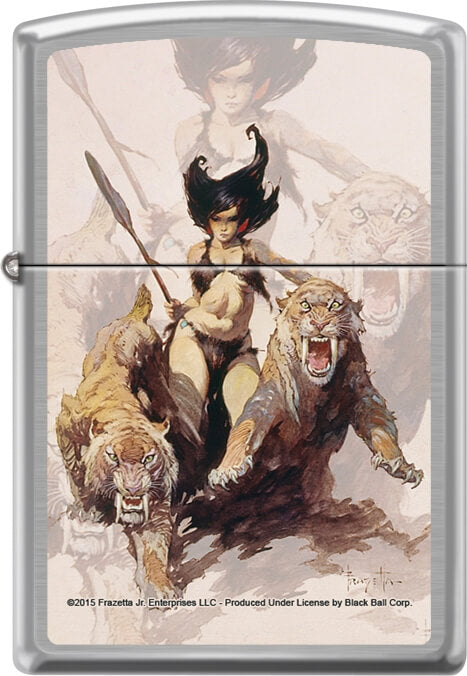 This awesome Zippo shows off a fierce warrior woman and her tigers. The scantily-clad lady holds a spear as her ferocious big cats leap forward, jaws open, ready to hunt. Art by Frank Frazetta