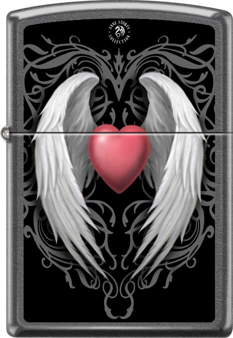 Zippo lighter with artwork by Anne Stokes. A red heart between two white angel wings against a black and gray patterned background