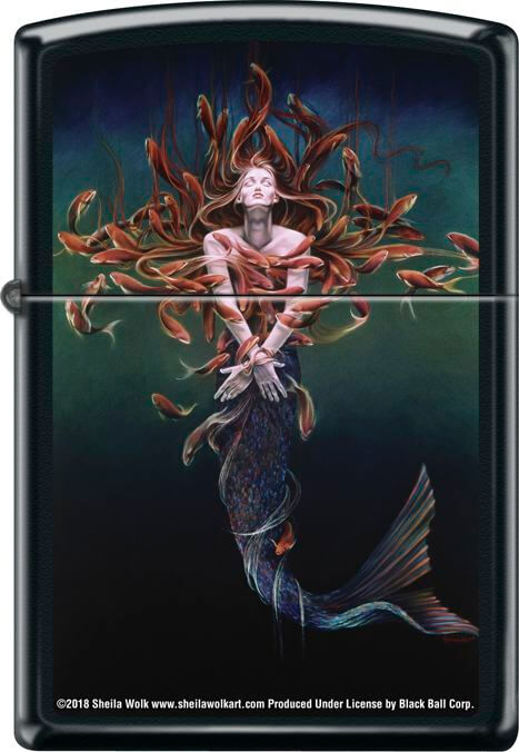 Zippo lighter with a mermaid surrounded by fish against a dark, murky background