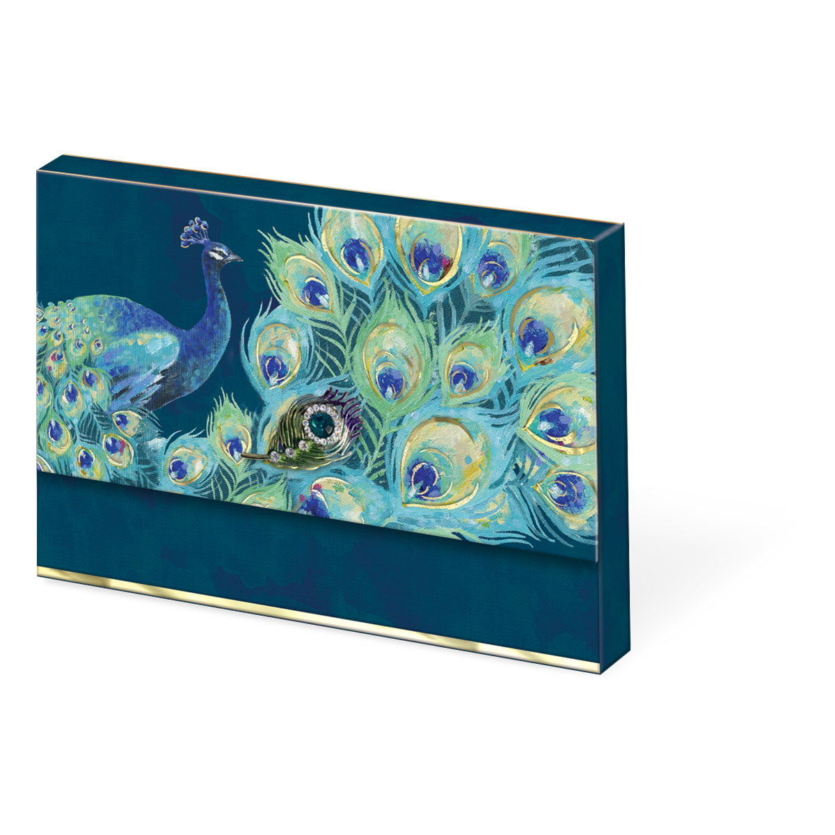 Box for thank you cards, showing peacock on blue background, jeweled brooch clasp