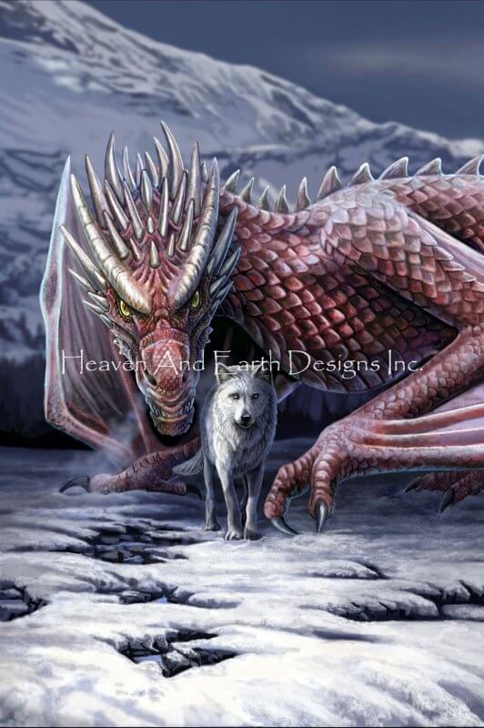 The awesome image features a wolf and a dragon. The pair gaze out, intense and ready, from a snowy landscape.